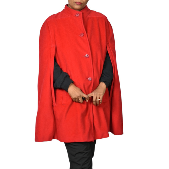 Vintage Sherwood Cape Red Bright Lipstick Flannel Velour Pockets Retro XL Large - Picture 11 of 16